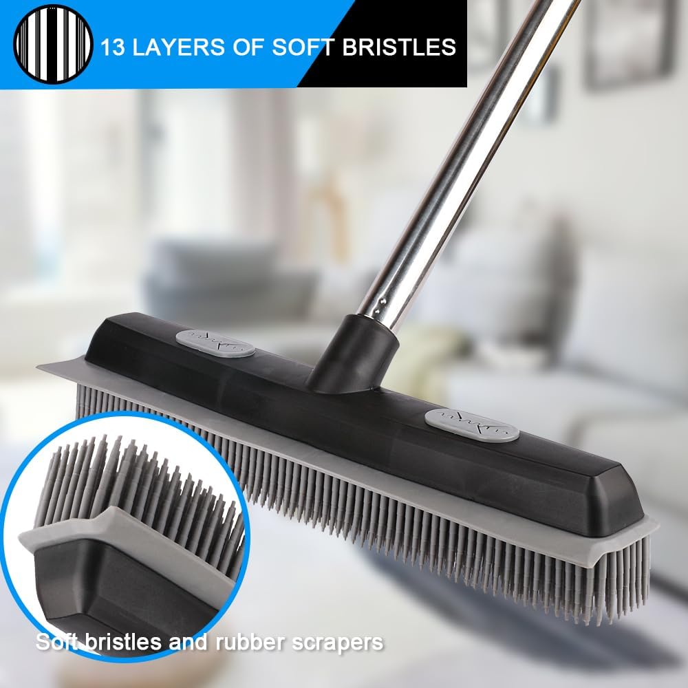 Pet Hair Rubber Broom with Carpet Rake and Squeegee, 2 in 1 Floor Brush for Carpet, 58 inch