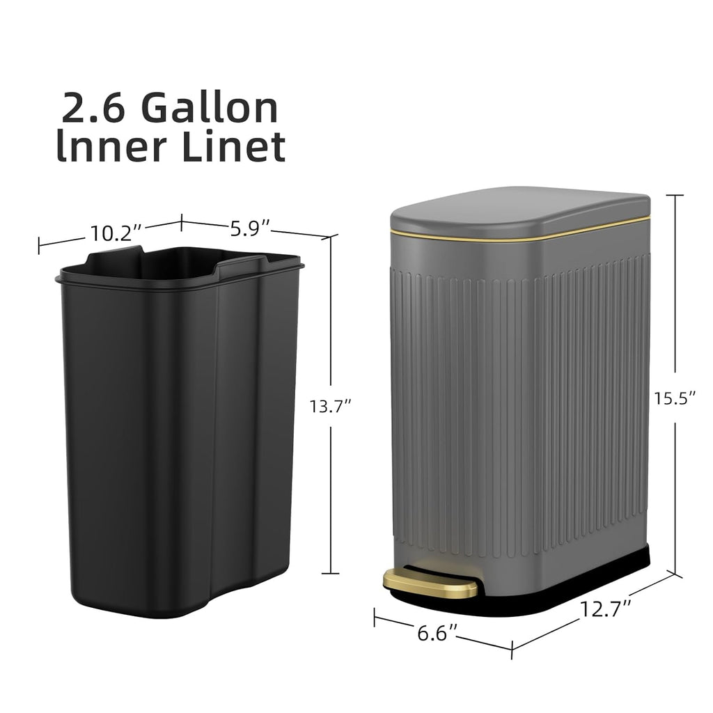 KUK Slim Bathroom Trash Can with Lid, 2.6 Gallon (10 L) Stainless Steel Step Small Garbage Can with