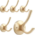 Gold Wall Hooks, 5 Pack Coat Robe Hook Heavy Duty Metal Double Bath Hook Wall Mounted, Hand Towel