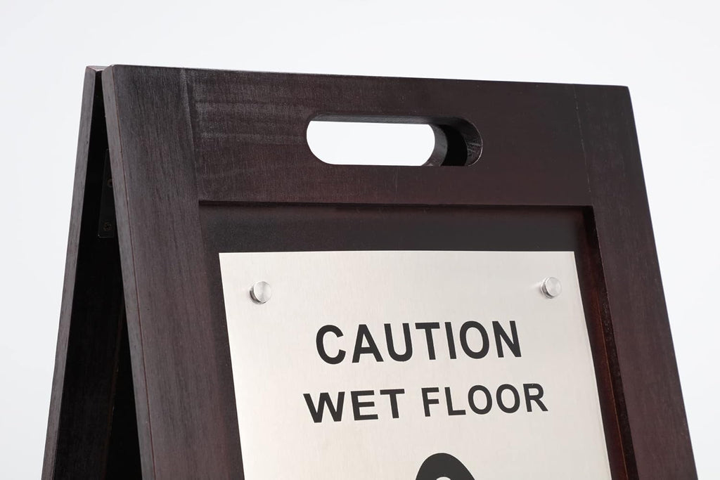 Premium Wooden Caution Wet Floor Sign – Bilingual w/Non-Skid Plastic Feet, Brushed Nickel Plate