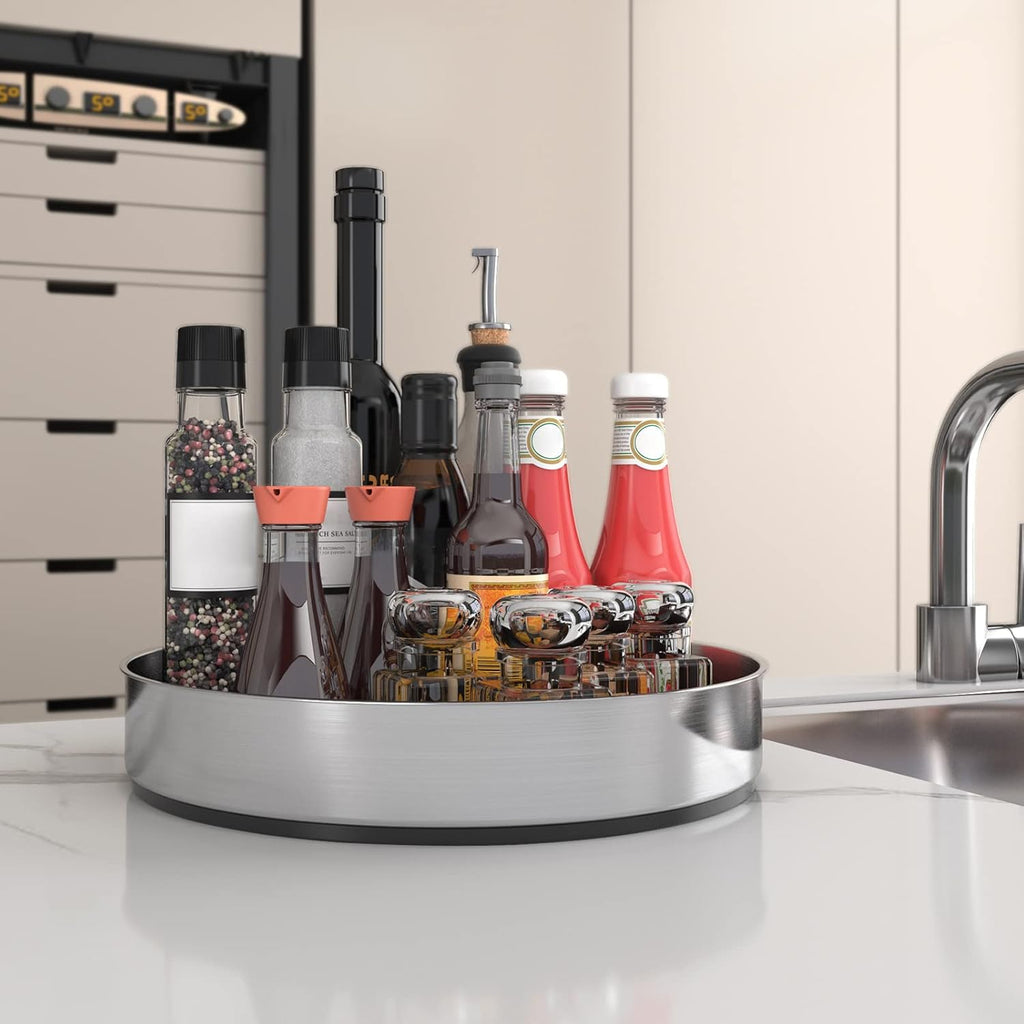 VAEHOLD Pantry Cabinet Lazy Susan Stainless Steel Black Spice Rack Turntable - Decorative Trays