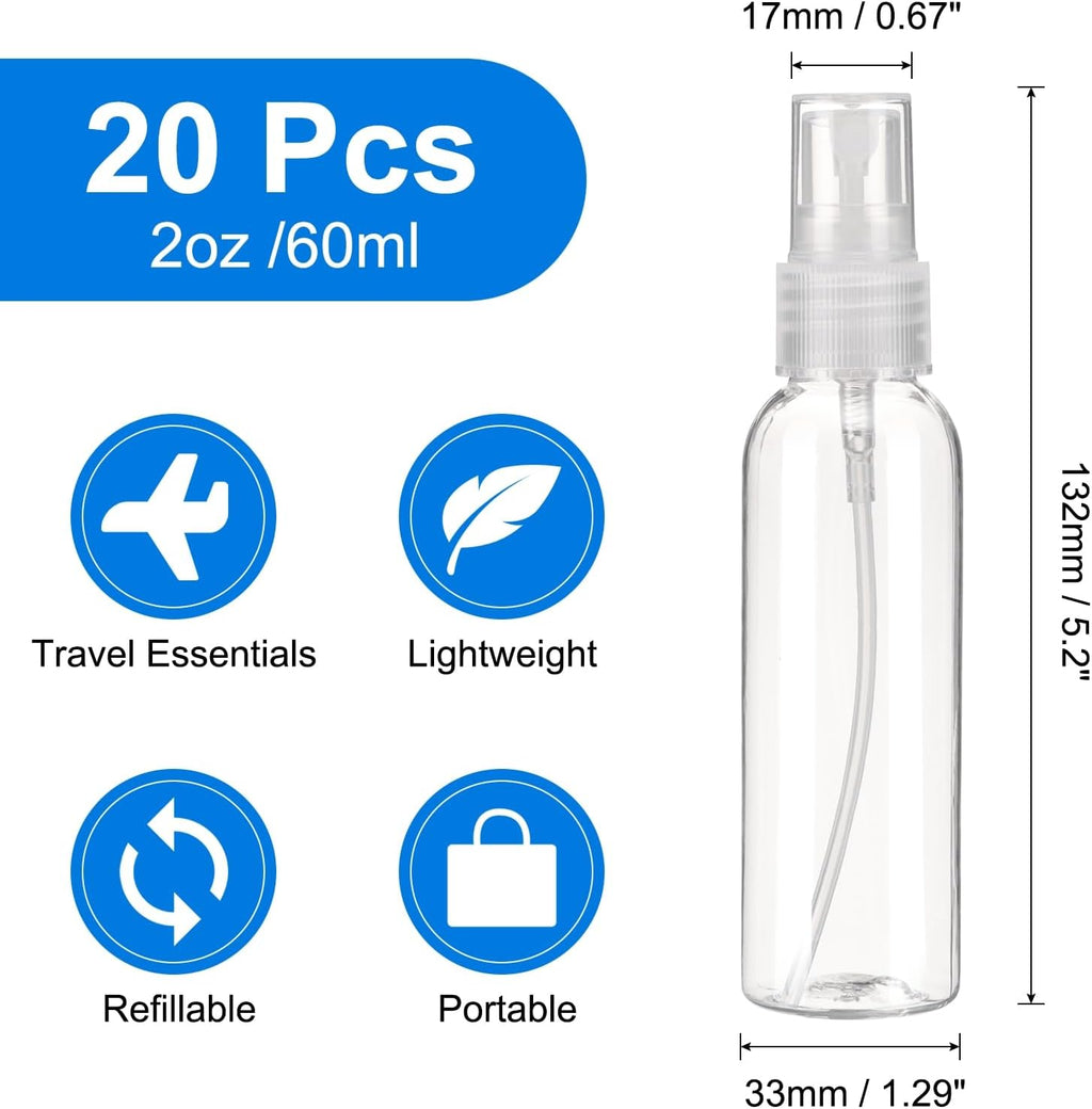 uxcell 20Pack Spray Bottles, 2Oz/60ML Reusable Clear Empty Mist Plastic Mini Travel Bottle