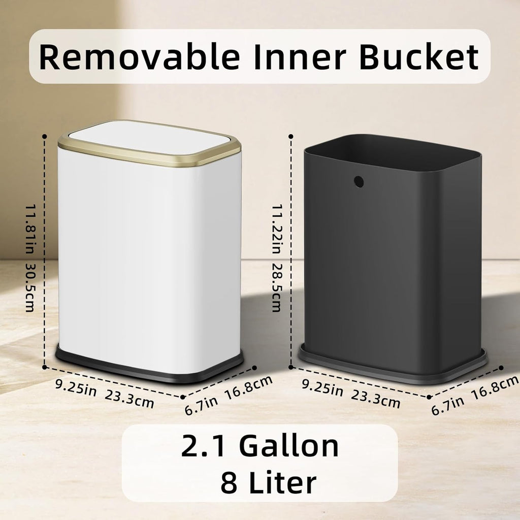 8L/2.1 Gallon Small Bathroom Trash Can with Lid, Swing-Top Rectangular Waste Bin, Stainless Steel