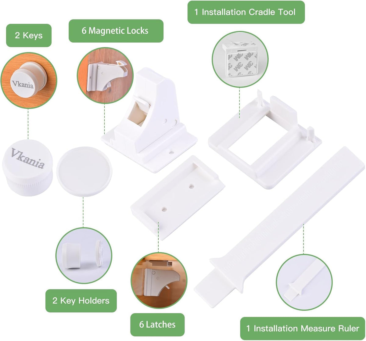 6 Pack Vkania Magnetic Cabinet Locks Baby Proofing - Baby Safety Latches for Drawers and Cabinets