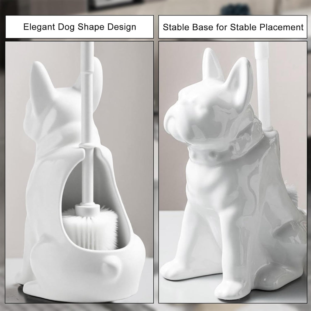 Comeon Ceramic Dog White/Black Toilet Brush and Holder Set, Plastic Handled Scrub Brush for