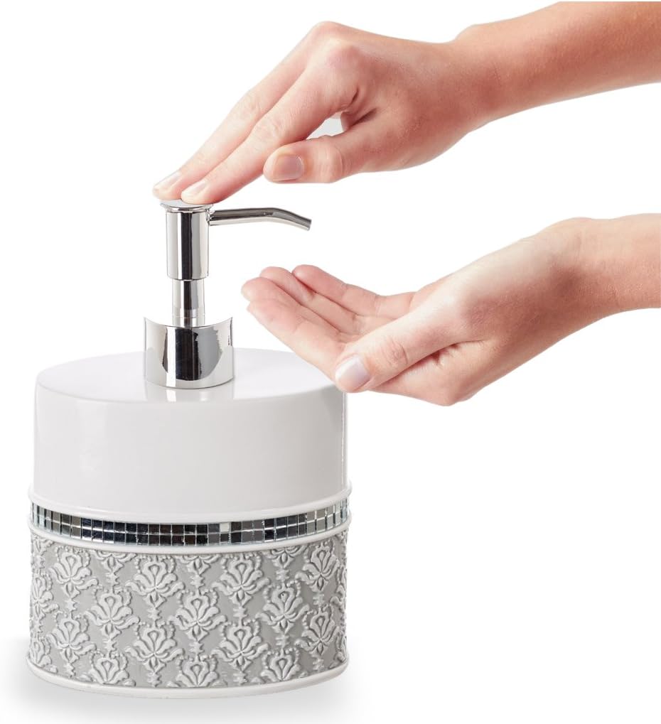 Creative Scents Mirror Damask Bathroom Accessory Set Complete - Decorative 4 Piece White and Gray