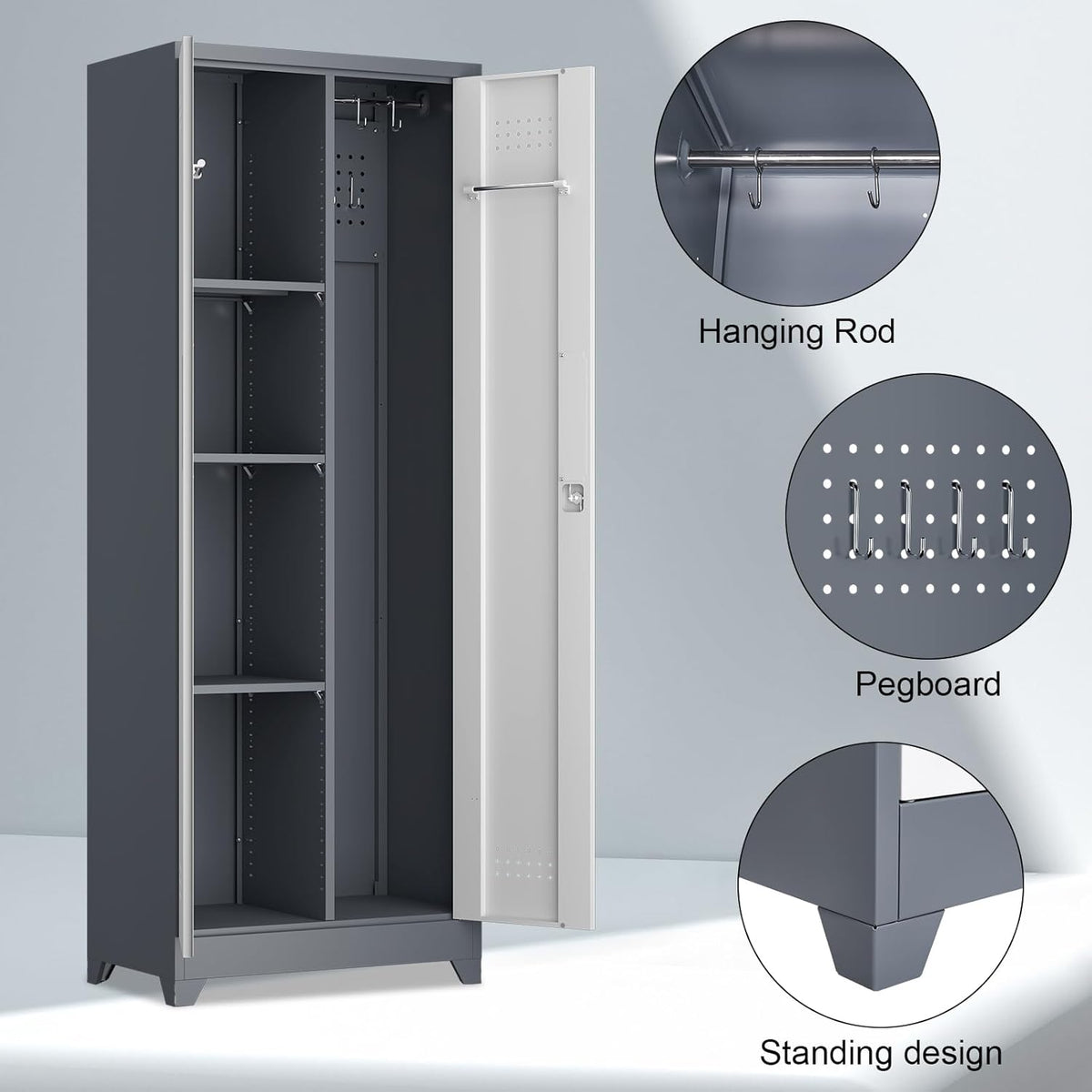 Broom Closet, Metal Storage Cabinet with Hanging Rod, 65" Broom Tool Organizer, Metal Cabinet with