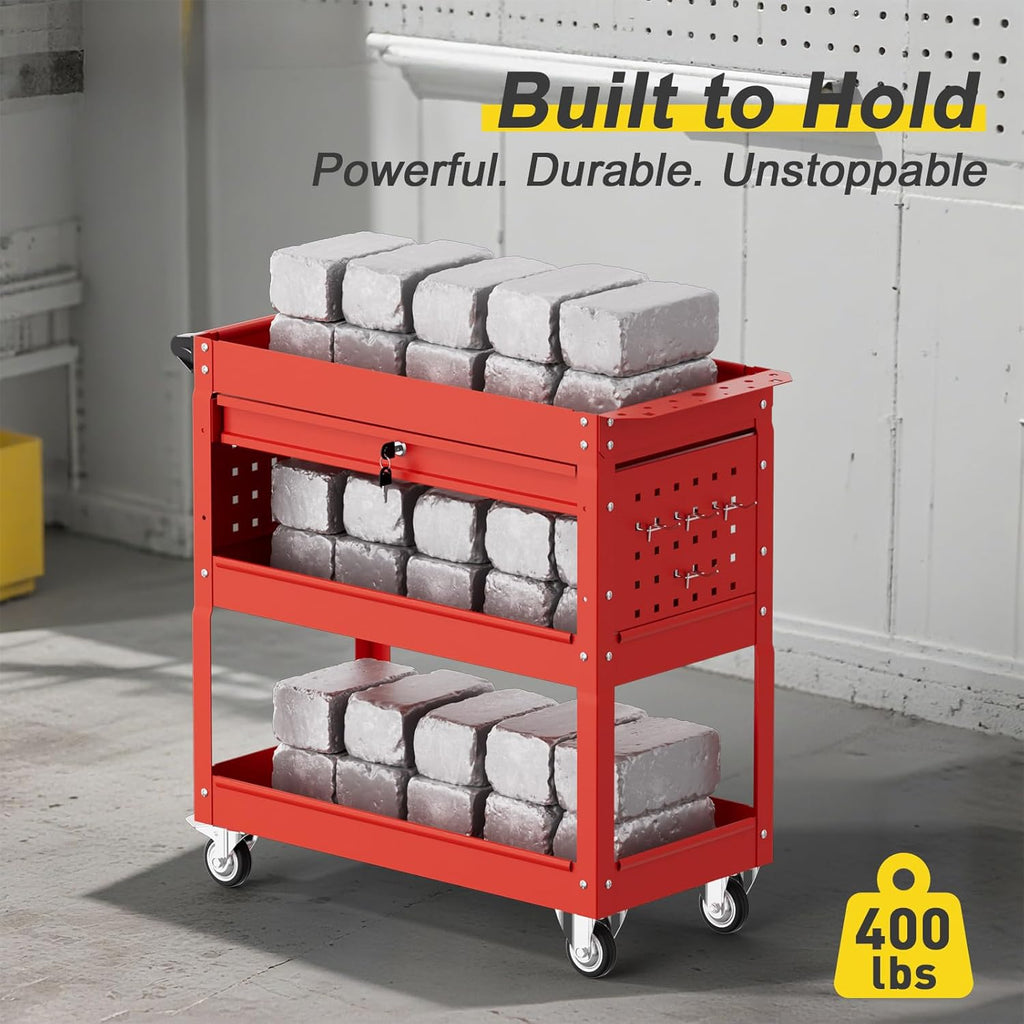 3-Tier Rolling Tool Cart with Drawers, Heavy Duty Utility Storage Cart with pegboard, Lockable