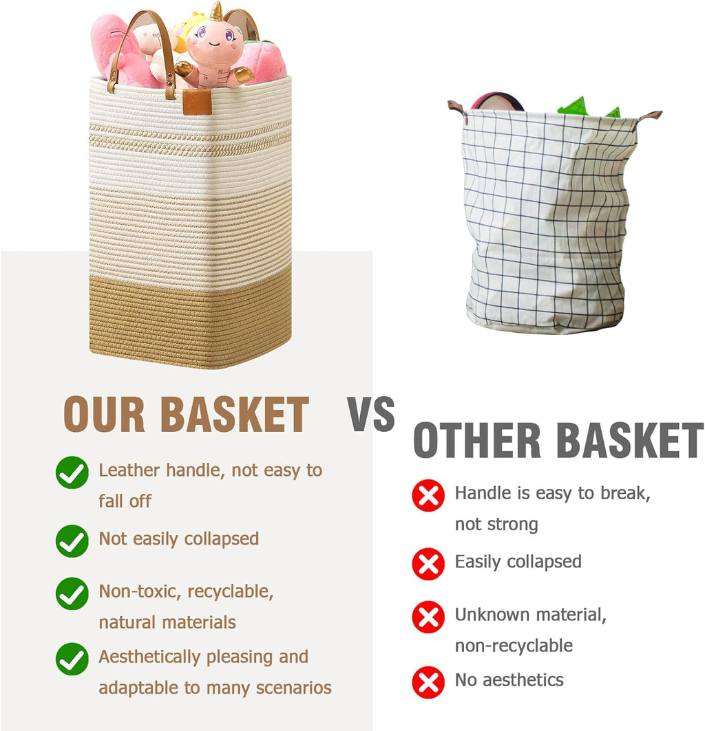 danpinera Large Laundry Hamper – 75L Tall Woven Cotton Storage Basket with Leather Handles, Slim
