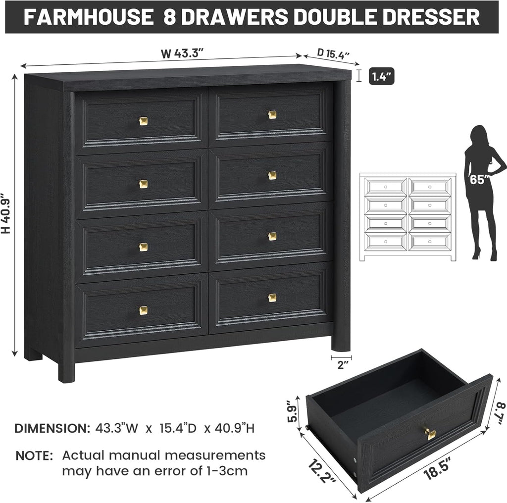 Farmhouse Dresser for Bedroom, 41" Tall Black Dresser with 8 Drawers, Soide Rustic Wood Vintage