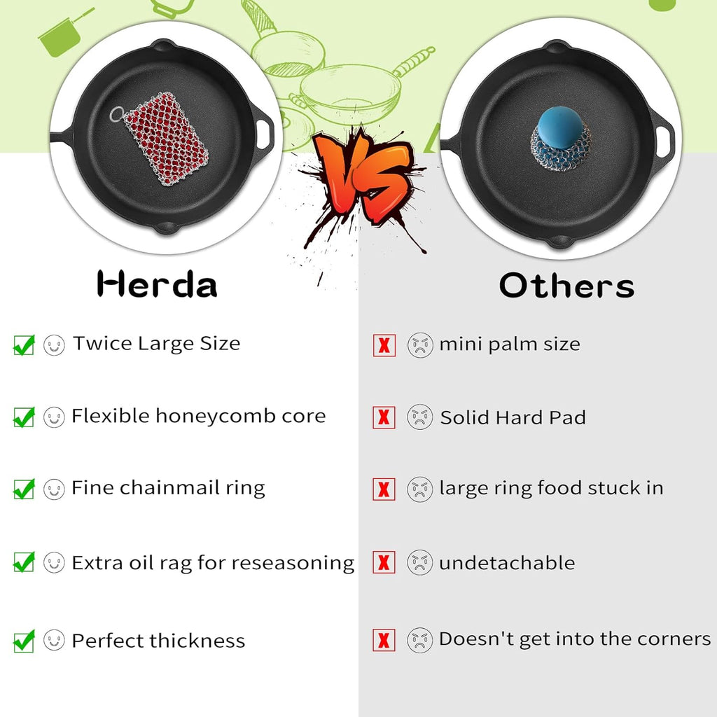 Herda 316L Cast Iron Scrubber Cleaner, Large Cast Iron Chain Mail Scrubber - Chainmail Scrubber