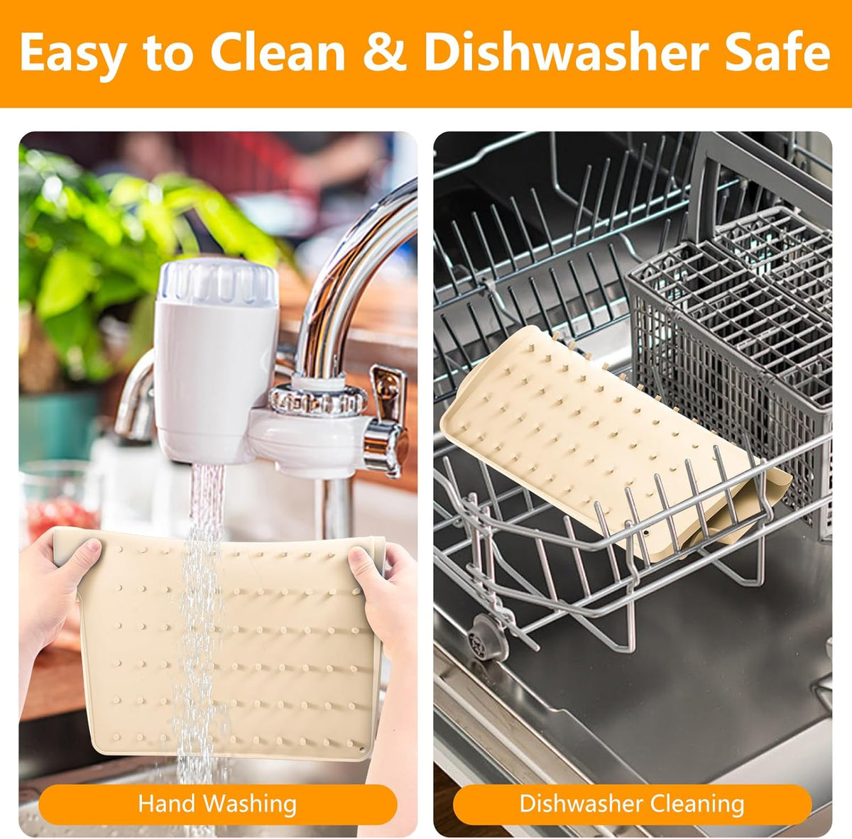 Silicone Dish Drying Mat for Kitchen Counter, Dish Drainer Mat, Non-Slip Drying Pad with Built-in