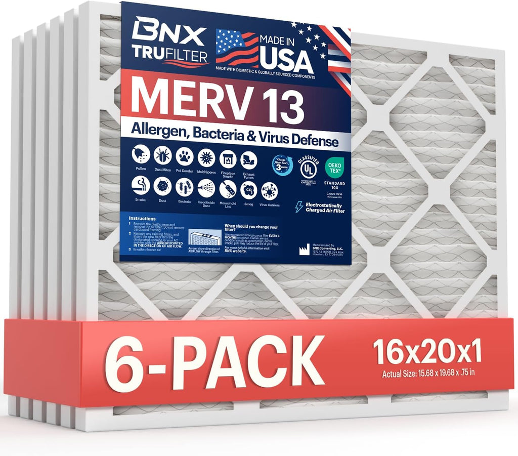 BNX TruFilter 16x20x1 Air Filter MERV 13 (6-Pack) - MADE IN USA - Electrostatic Pleated Air