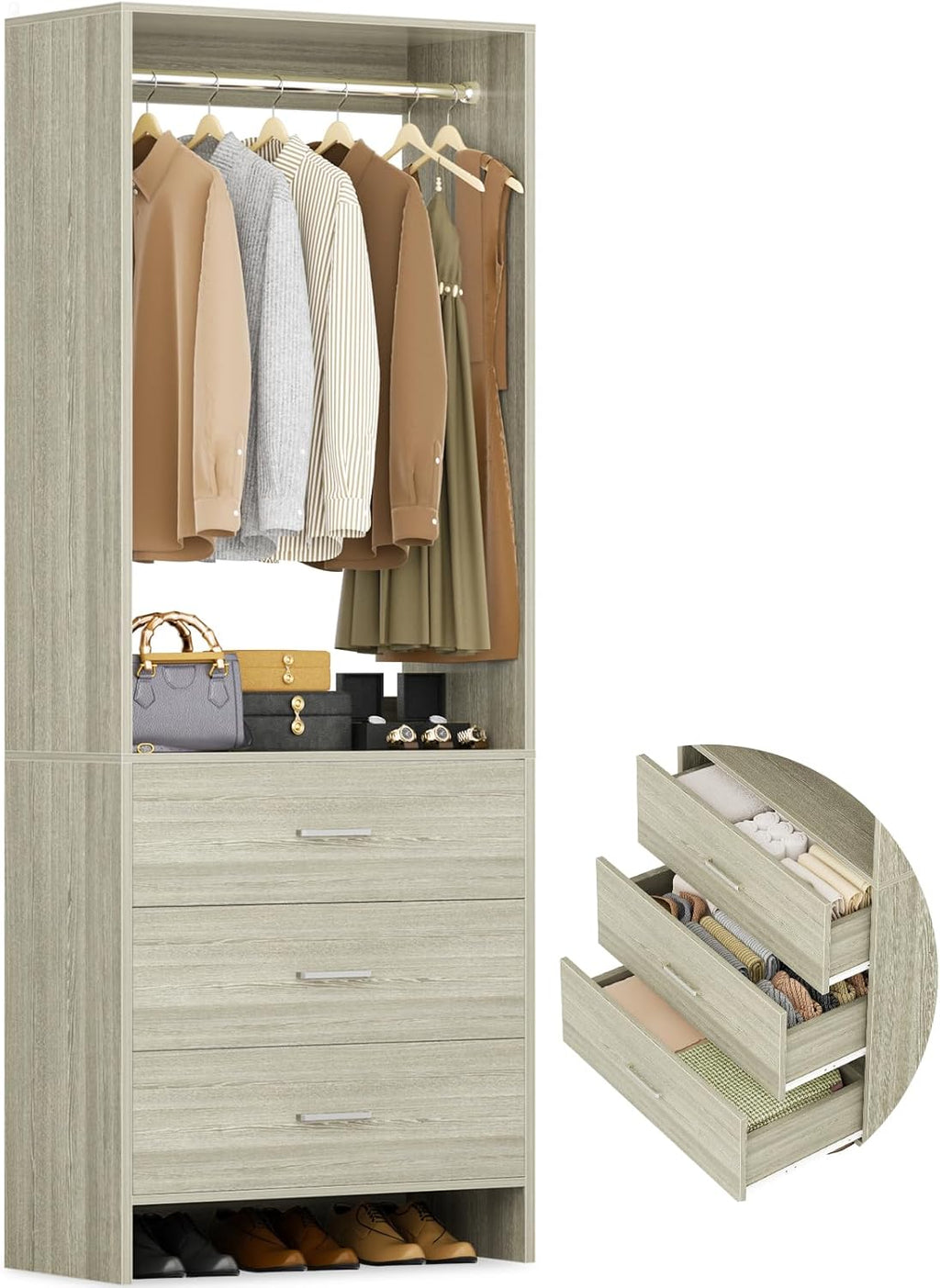 Aheaplus 2FT Closet System with 3 Drawers, 24’’ Closets Organizer, Wood Closet Organizer System