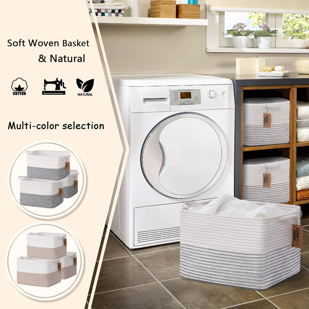 COMFY-HOMI 3 Pack Cotton Rope Square Basket with Handles - Storage & Organizer (White/Black Line