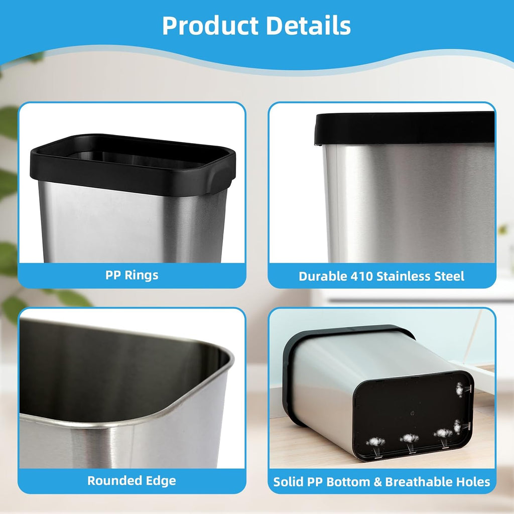 2 Pack Stainless Steel Trash Can 2 Gallon, Open Top Trash Can, 7" x 10" x 11", Rectangle Rubbish