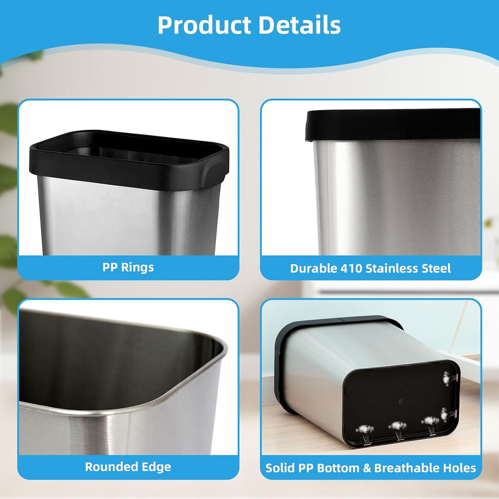2 Pack Stainless Steel Trash Can 3 Gallon, Open Top Trash Can, 8" x 11" x 13", Rectangle Rubbish
