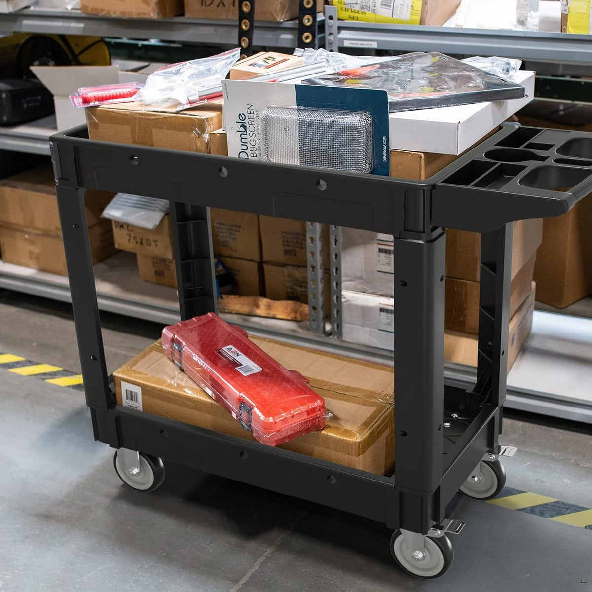 2 Tier Plastic Rolling Cart Utility Cart on Wheels, Heavy Duty Tool Carts with Ergonomic Storage