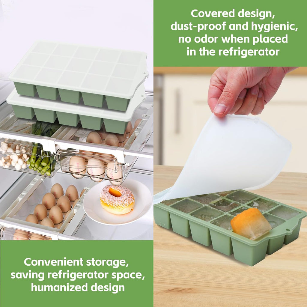 Silicone Ice Cube Tray, 3 Pack Easy-Release Stackable Ice Trays for Freezer with Lid 15 Reusable