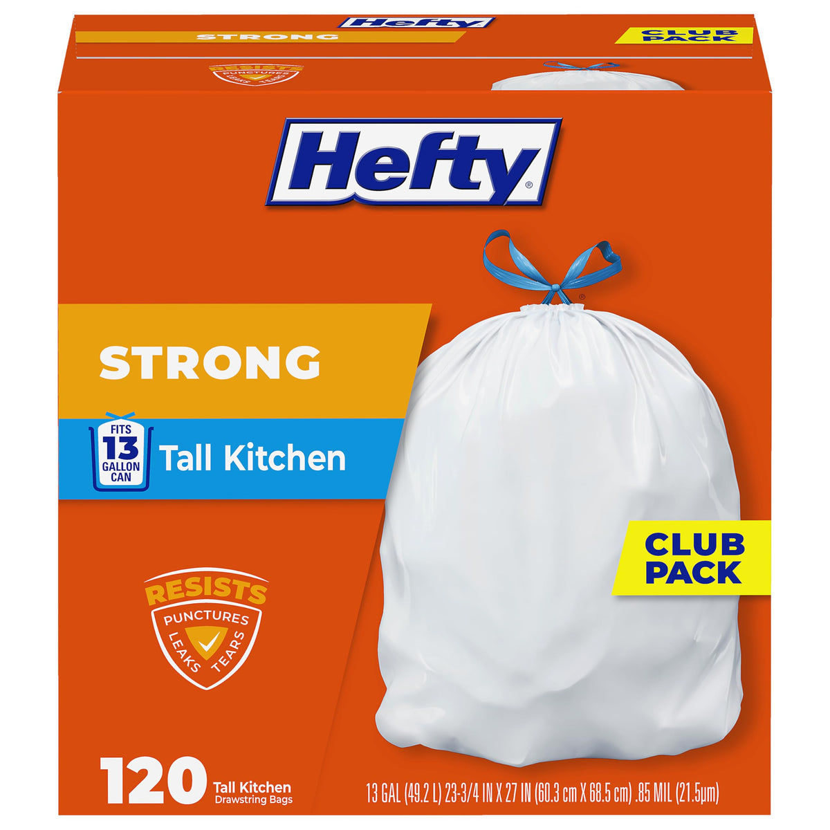 Hefty Strong 13G Tall Kitchen Trash Bags, White, Unscented, 120ct