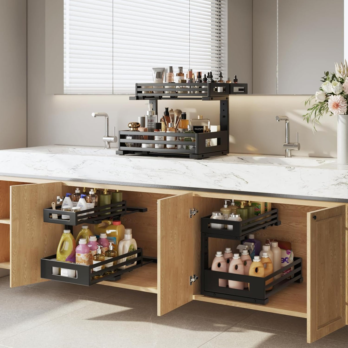 1-Pack Under Sink Organizers and Storage,2-Tier L Shape Pull Out Cabinet Organizer With Round Tube