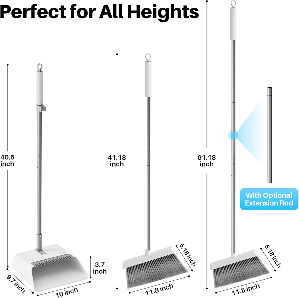 JOYMOOP 2 Pack Broom and Dustpan Set, Black and White Combo, Upright Angle with Built-in Comb Teeth