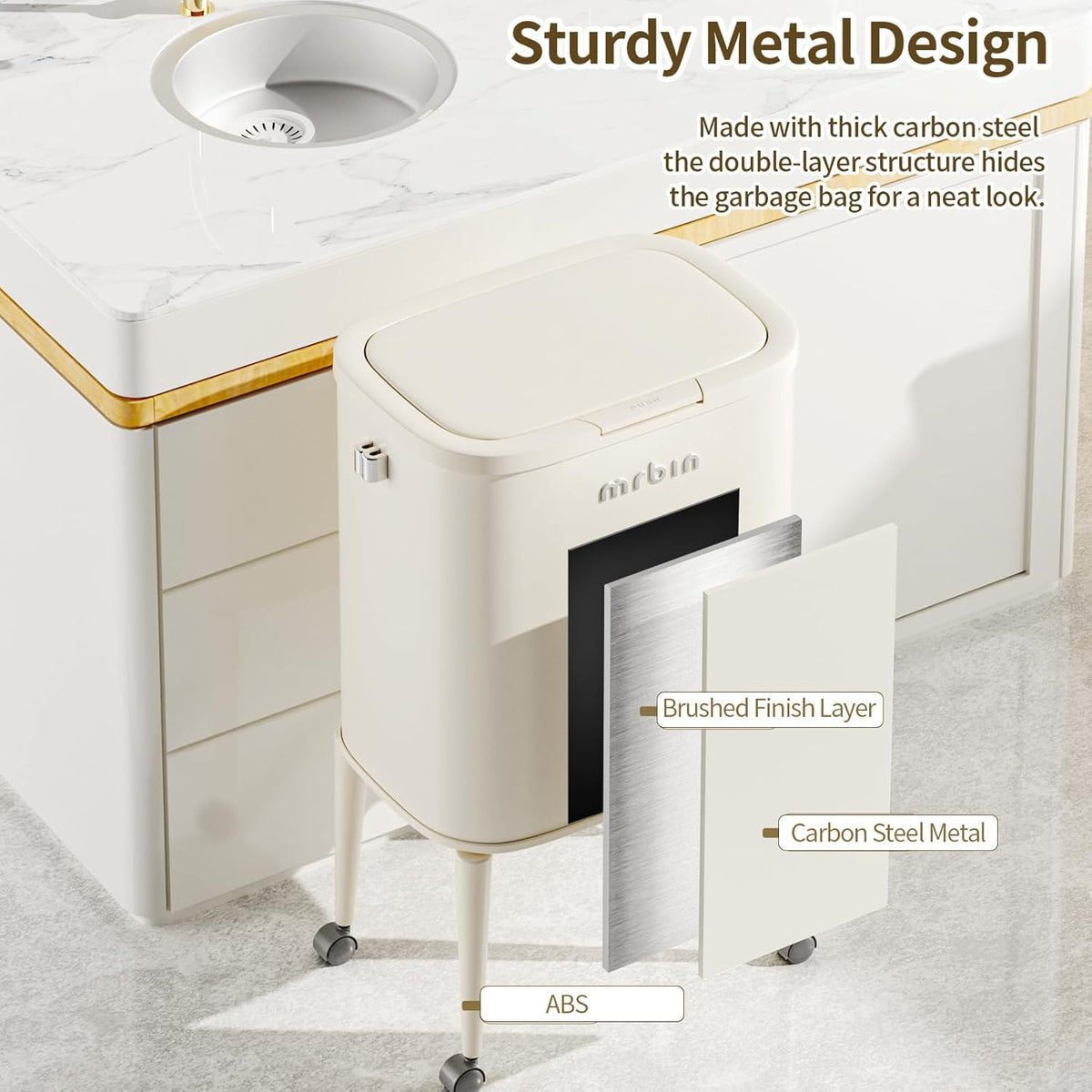 MRBIN Metal Kitchen Trash Can with Wheel Legs, 36L / 9.5gal Medium Press Lid Slim Removable Waste