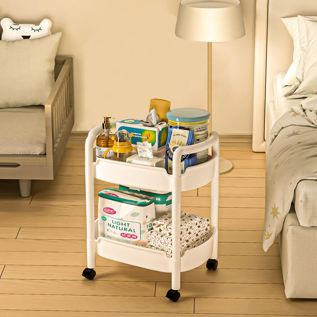 2-Tier Plastic Rolling Utility Cart with Handle Tower Rack Snack Cart with Wheels Multi-Functional