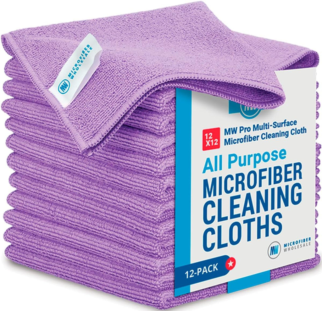 12" x 12" Pro Multi-Surface Microfiber Cleaning Cloths | Purple - 12 Pack | Premium Microfiber