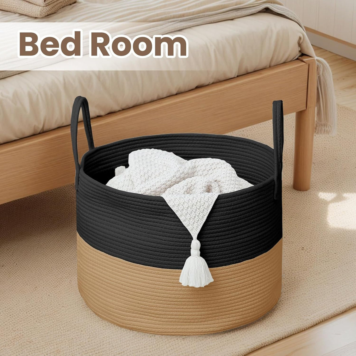 Woven Blanket Basket,65L Large Rope Storage Bin with Handles, Organizer for Blankets Toys Book and