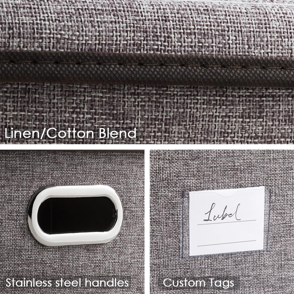 PRANDOM Large Collapsible Storage Bins with Lids [3-Pack] Linen/Cotton Blend Foldable Storage Boxes