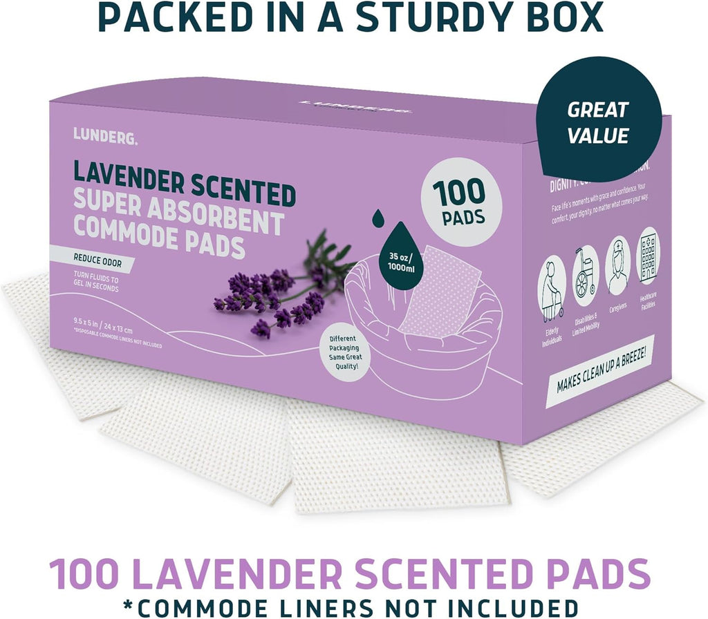 Lunderg Lavender Scented Super Absorbent Commode Pads - Medical Grade Value Pack 100 Count - for