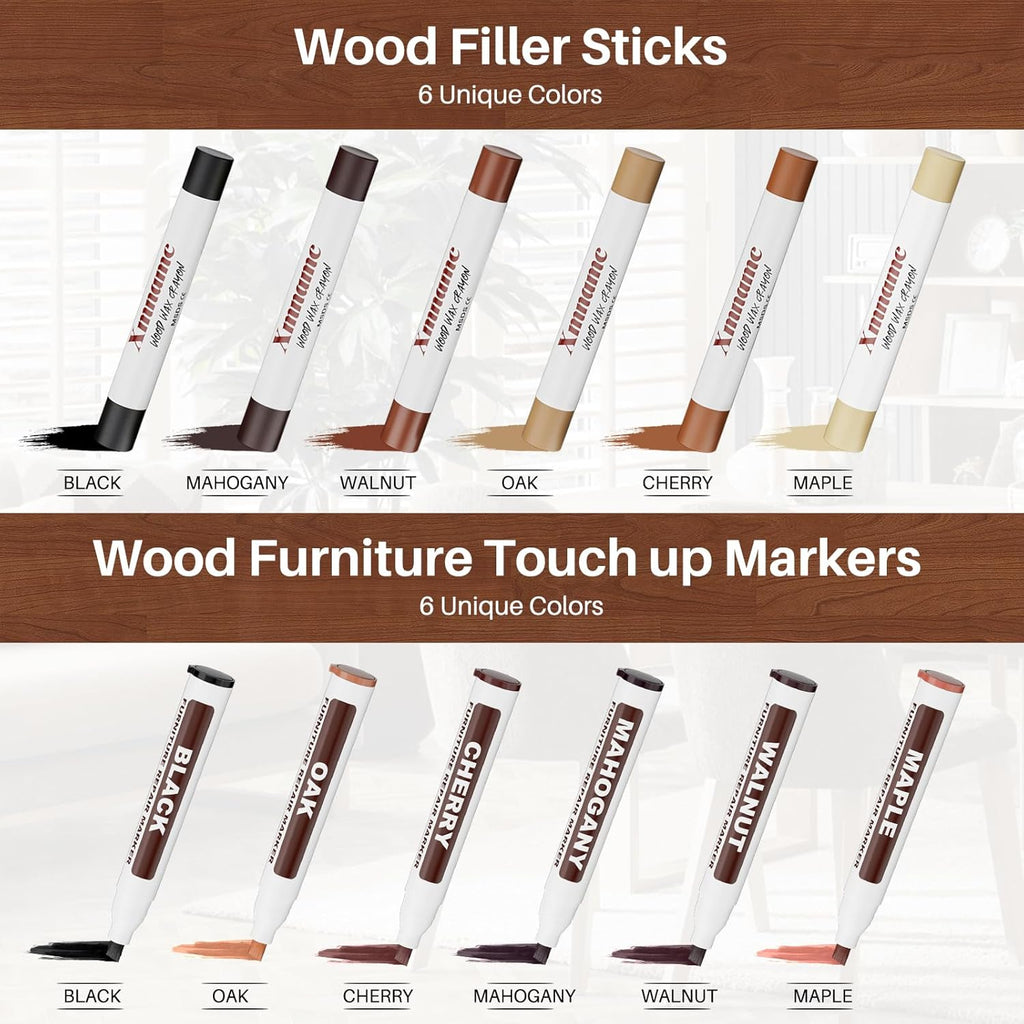 12 Colors Wood Filler Sticks Furniture Markers, Wood Floor Scratch Repair Kit for Repair Any