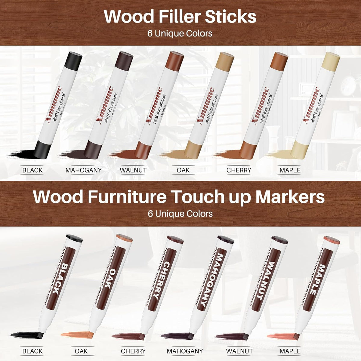 12 Colors Wood Filler Sticks Furniture Markers, Wood Floor Scratch Repair Kit for Repair Any