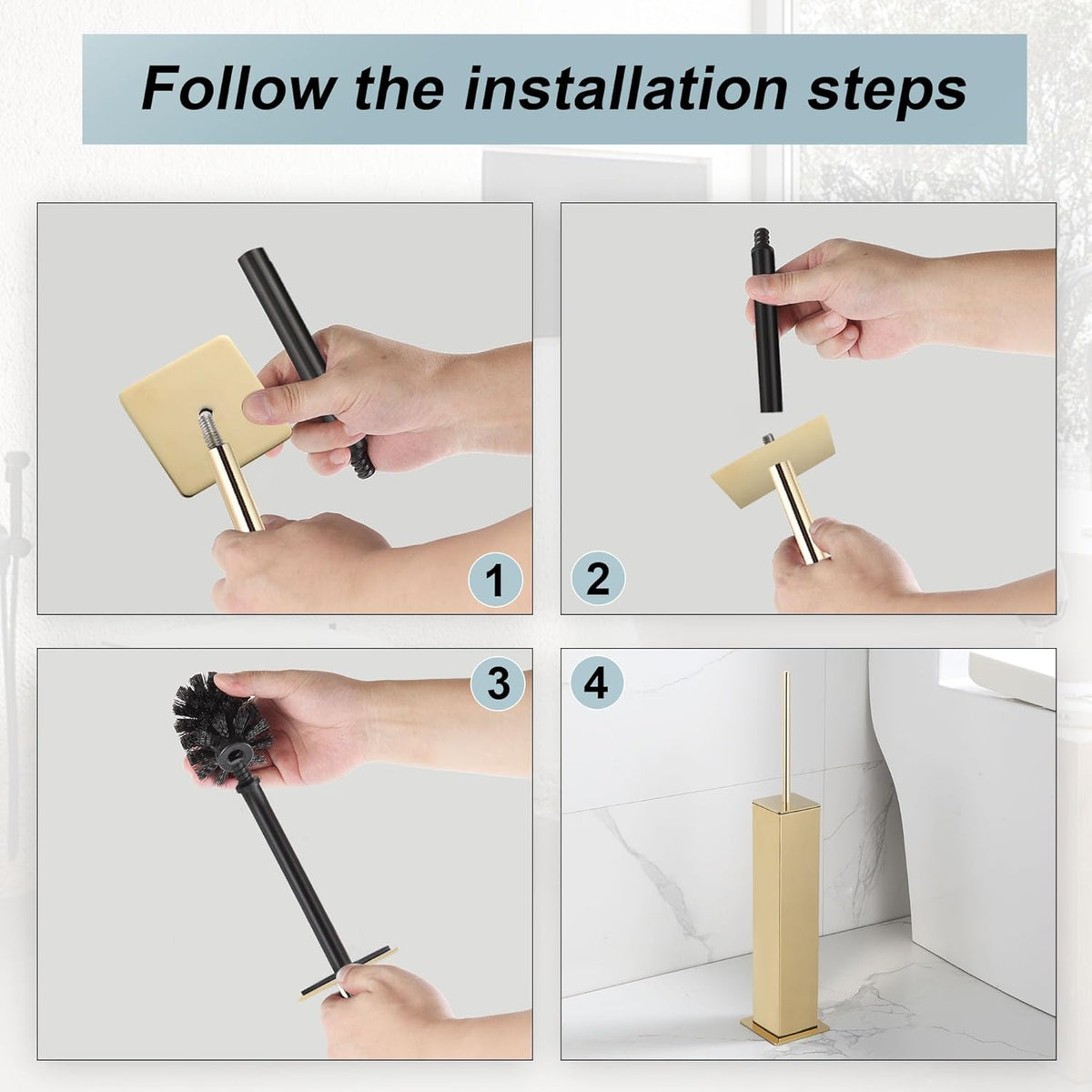 Gold Toilet Brush with Holder 304 Stainless Steel Toilet Bowl Brush, Square Bathroom Cleaner Brush