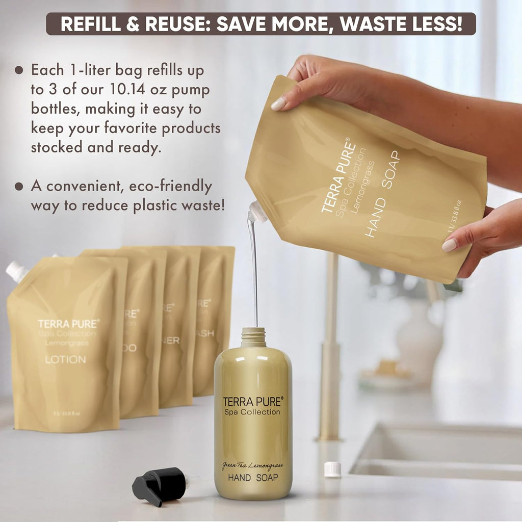 Terra Pure Spa Collection 1 Liter Hand Wash Refill Bag For Soap Dispensers | Bulk Toiletries for