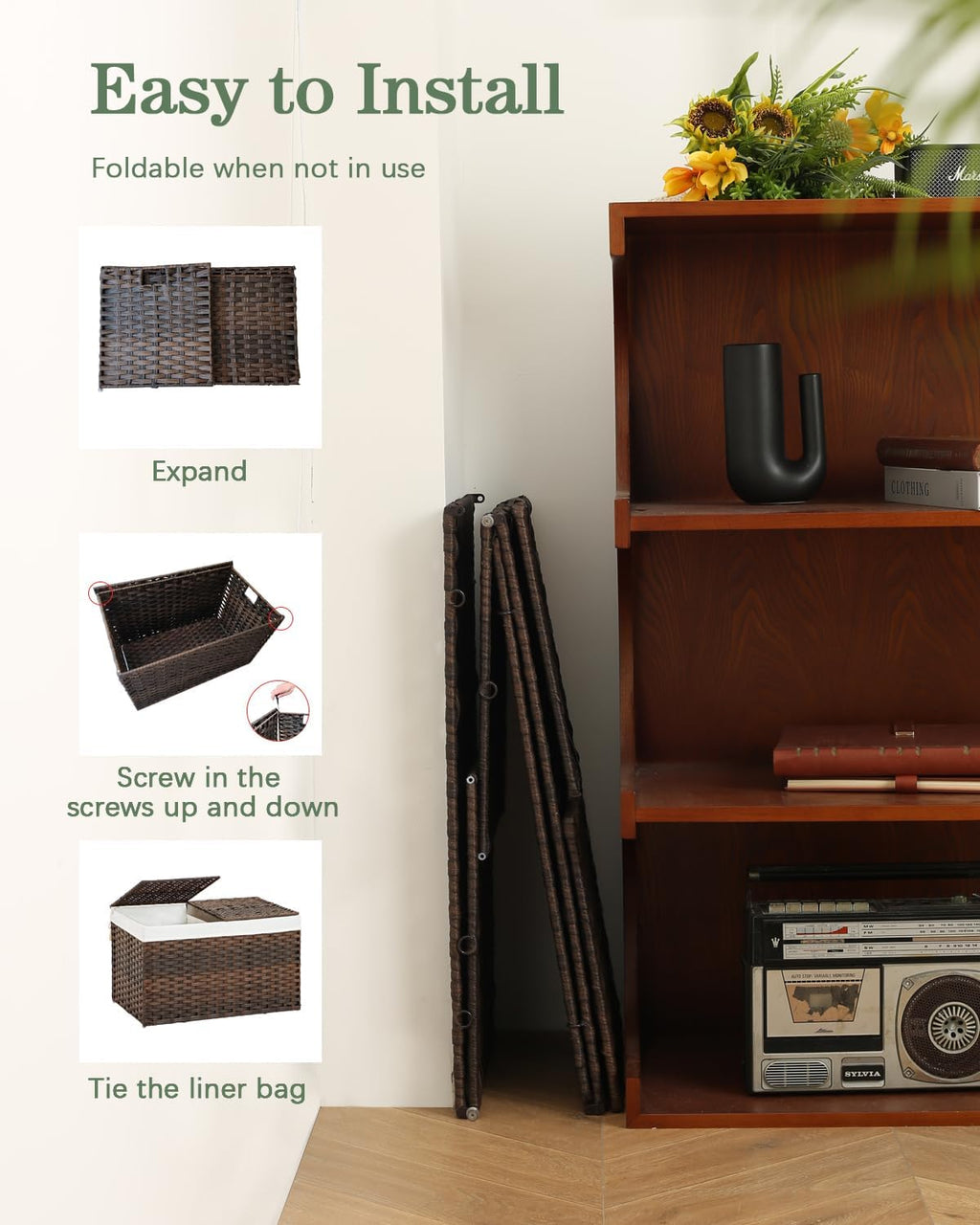 Storage Basket with Lid Rattan Woven Storage Baskets with 2 Separate Lids, 17.2 Gallon (65 L), 22 x