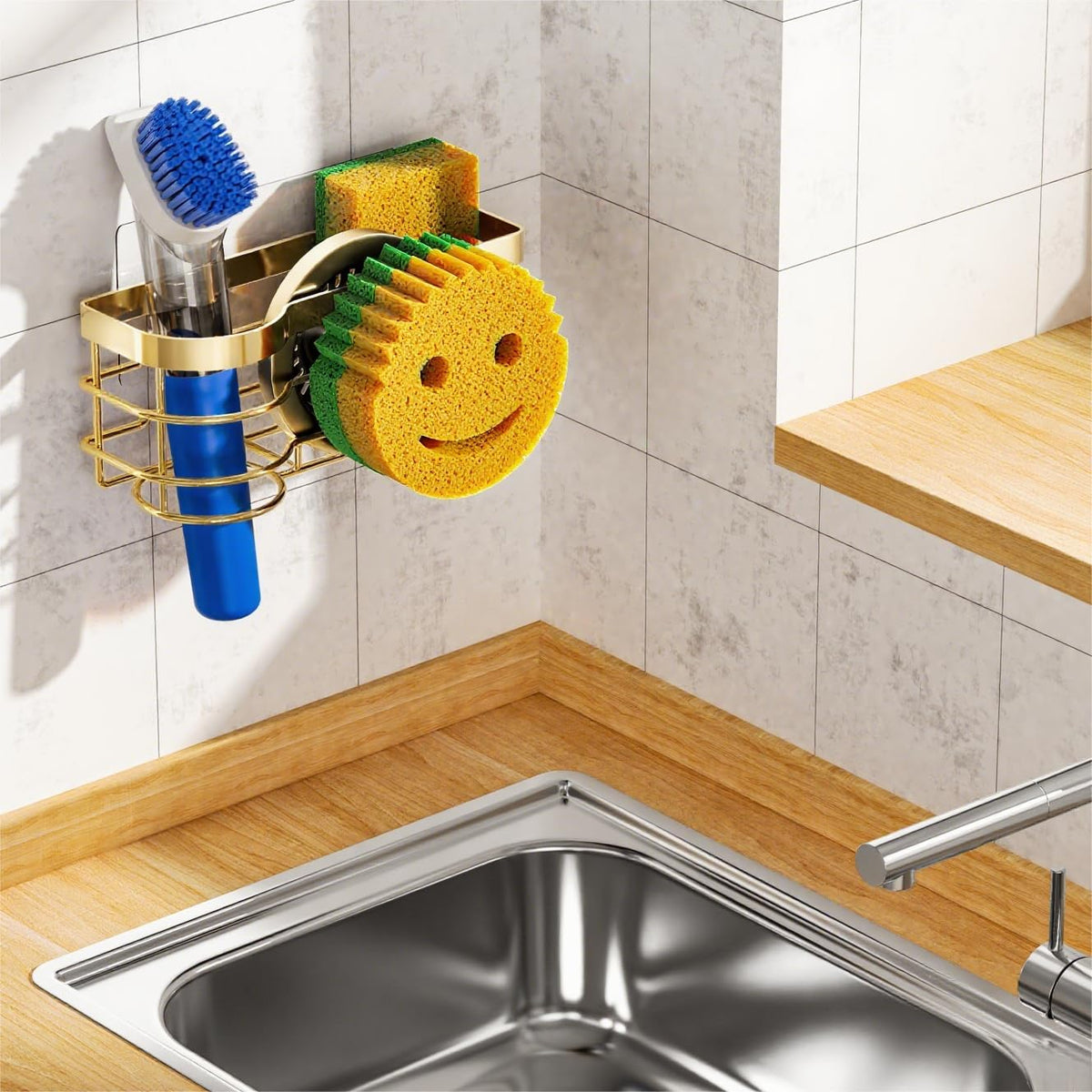 Cisily Gold Smiley Sponge Holder for Kitchen Sink Caddy, Stainless Steel Movable Brush Holder Dish