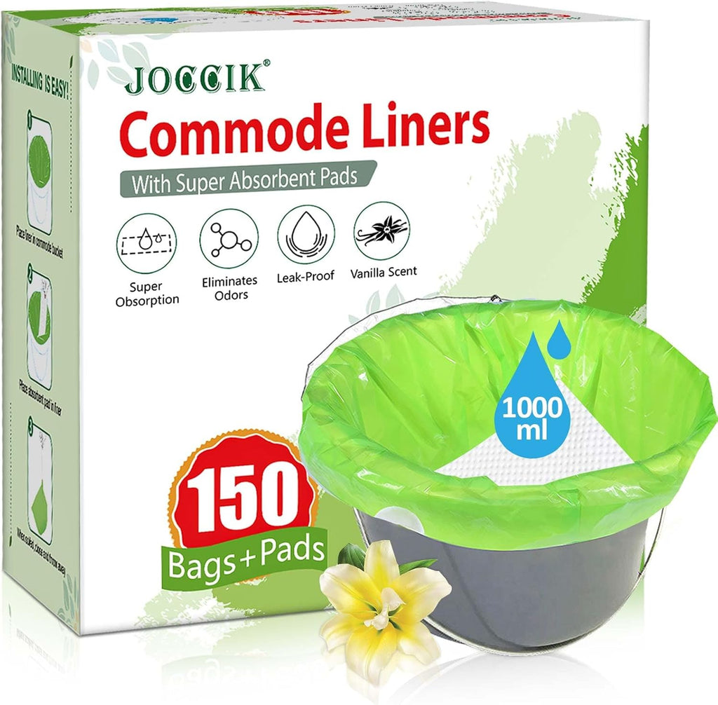 Bedside Commode Liners, 150 Bags + 150 Pads for Bedside Toilet Chair Bucket, Super Absorbent