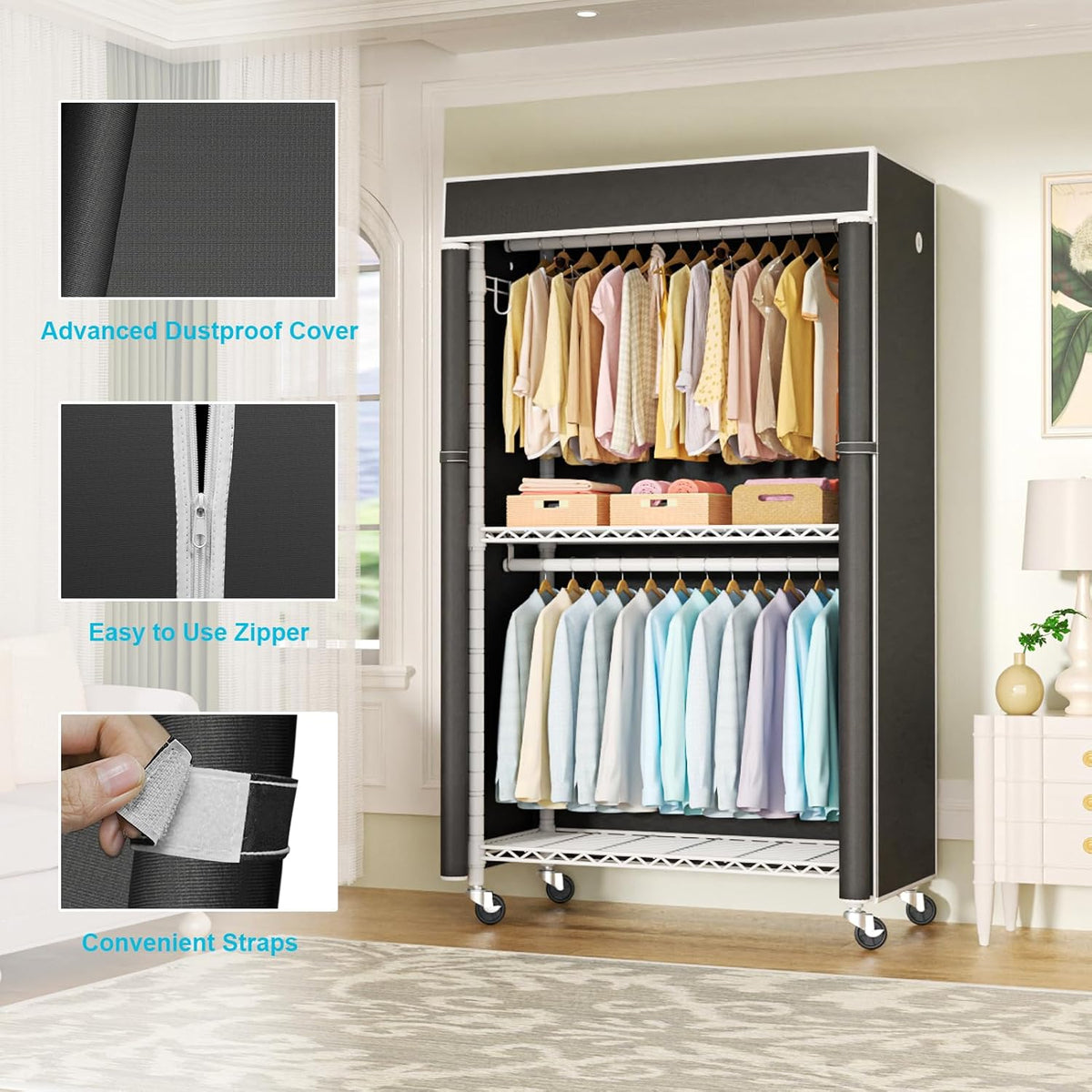 FUTASSI White Clothing Rack with Black Cover, P1C Rolling Closets with Wheels, Metal Garment Rack