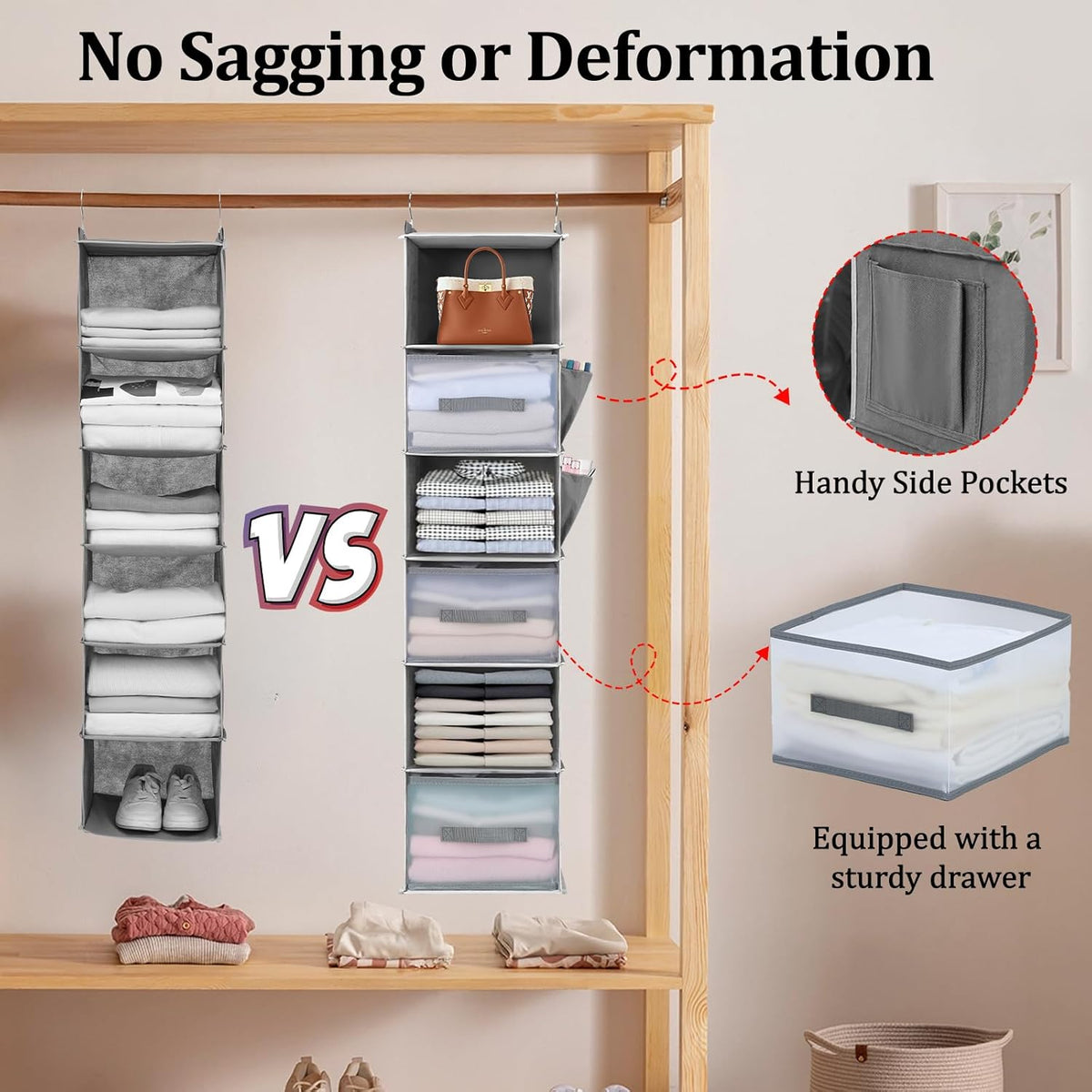 6-Tier Hanging Closet Organizer with 3 Drawers and Side Pockets – Multi-Functional Storage for