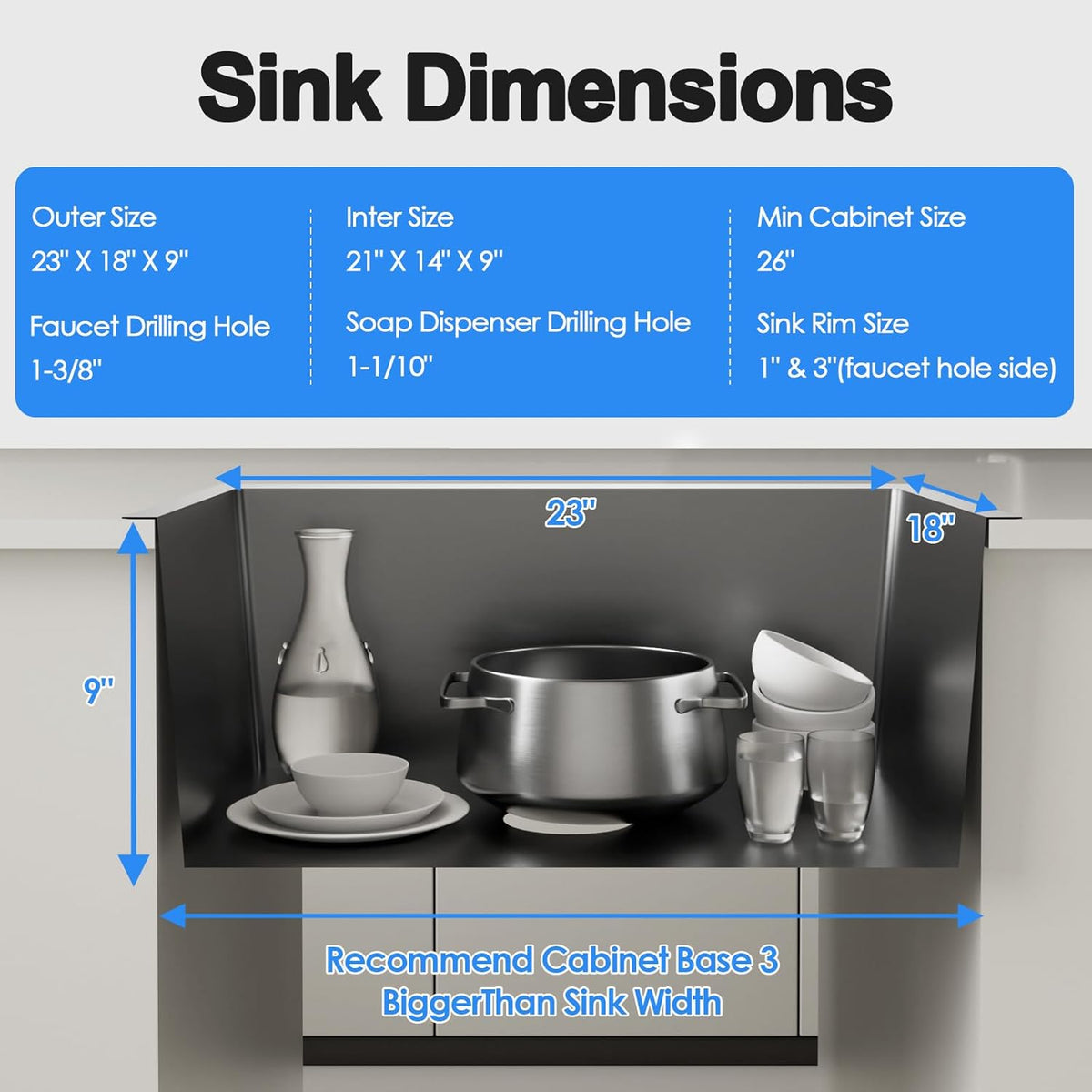 23x18 Inch Kitchen Sink, Handmade 304 Stainless Steel Sink, 9" Deep Single Bowl with Brushed