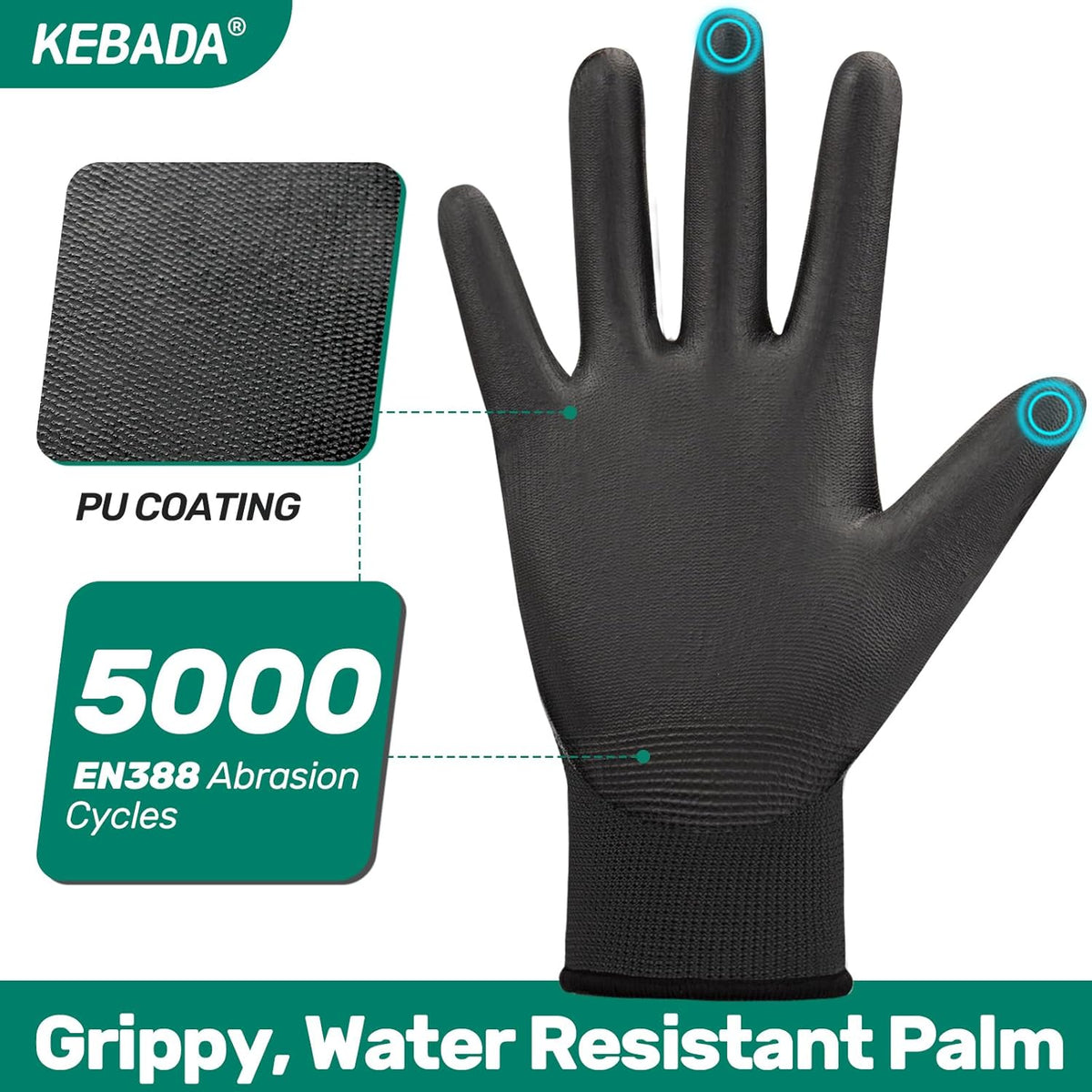 Kebada W1 Work Gloves for Men and Women, PU Coated Safety Gloves with Grip, Touchscreen, Ideal for