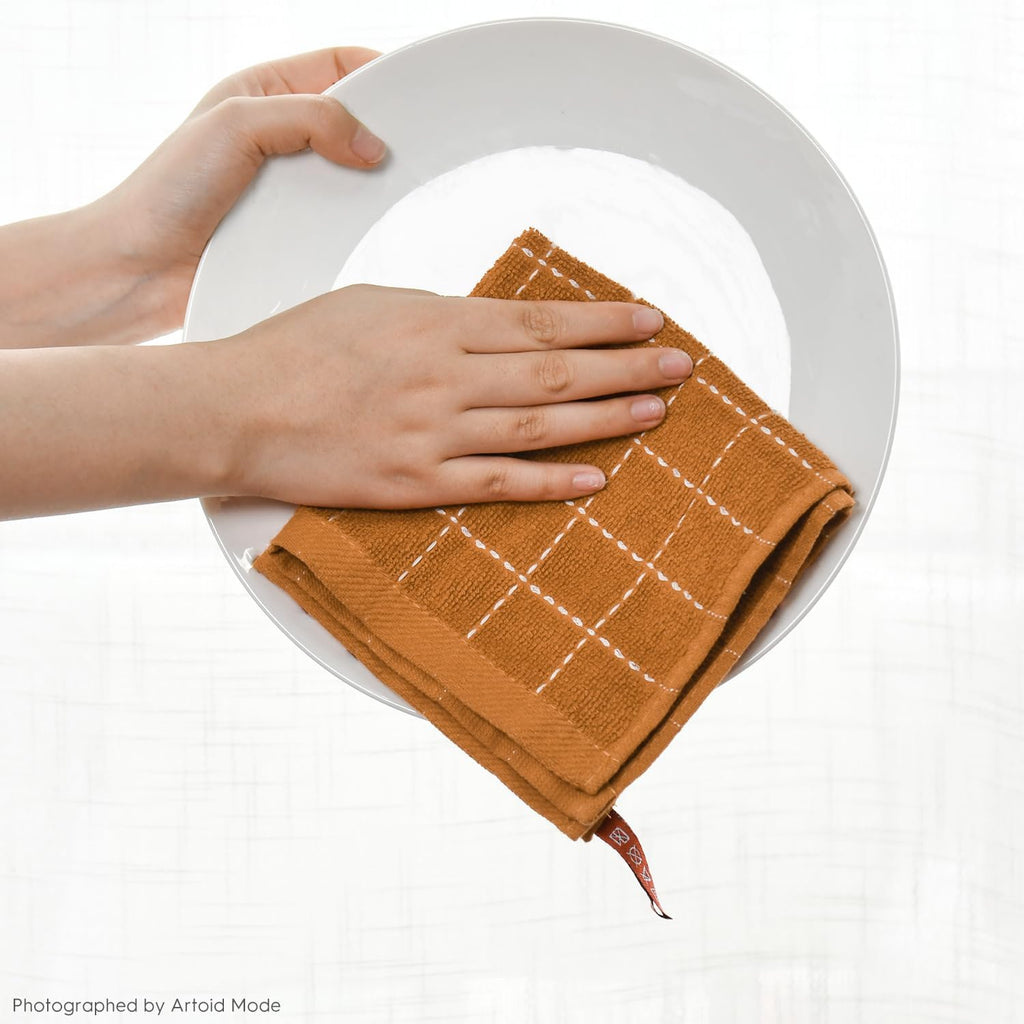 Artoid Mode Checkered Designed Cotton Beige Caramel Green Terry Kitchen Dish Cloths, 12x12 Inch