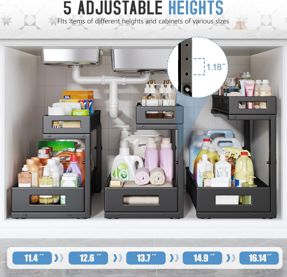 1 Pack 19IN Depth Under Sink Storage Organizer, Large 2-Tier Elegant Mesh Pull Out Shelf for
