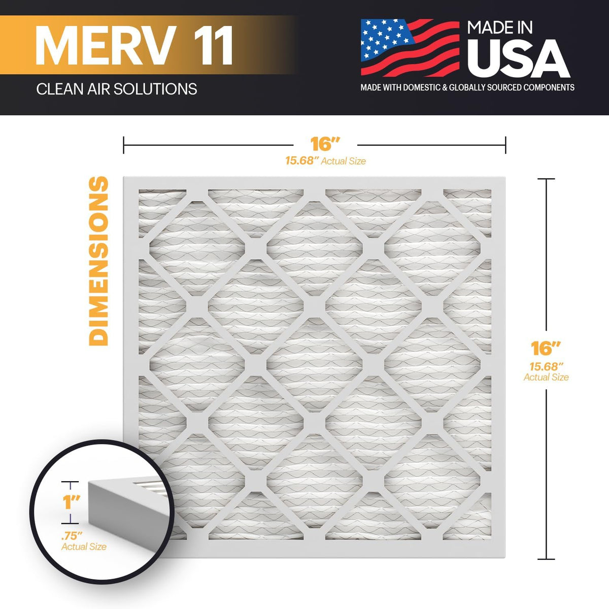 BNX TruFilter 16x16x1 Air Filter MERV 11 (6-Pack) - MADE IN USA - Allergen Defense Electrostatic