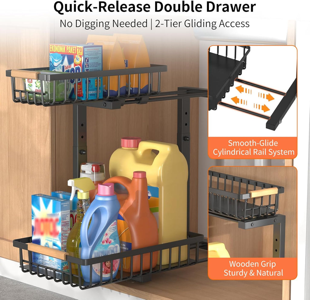 Under Sink Organizer, 2 Pack Under Sink Organizers and Storage, 2-Tier Pull Out Under Cabinet