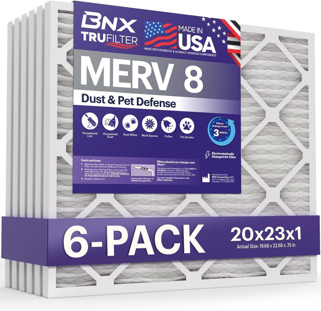 BNX TruFilter 20x23x1 Air Filter MERV 8 (6-Pack) - MADE IN USA – Dust & Pet Defense Electrostatic