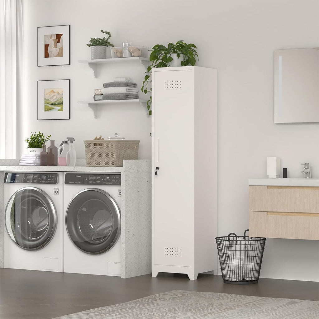 Slim Broom Storage Cabinets, Metal Cabinet with Shelves and Hanging Rod, 65" Utility Storage