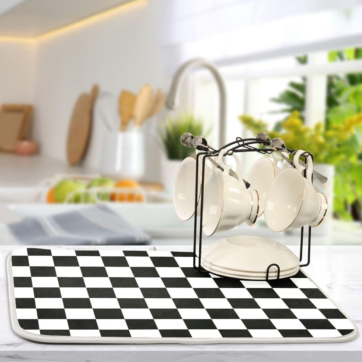 Black White Chessboard Dish Drying Mat for Kitchen Countertop 16x18 Plaid Checkered Rectangle Small